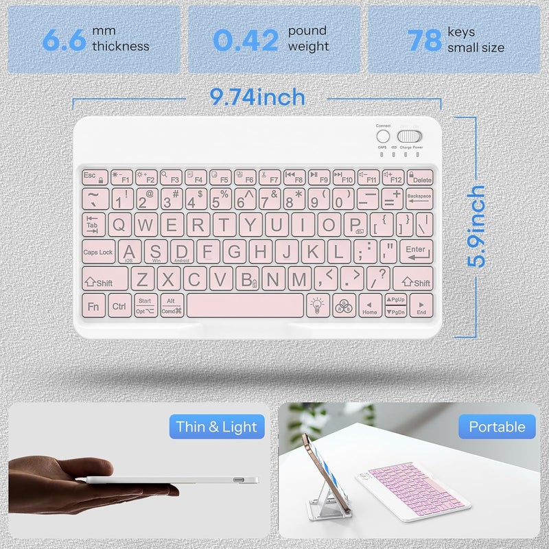 Omoton Large Print Bluetooth Keyboard for iPad iPhone Windows Tablets - 7 - Color Backlit with Enlarged Keycaps, Rechargeable Wireless Keyboard for iPad 10th/9/8/7, iPad Pro Air Mini etc (Pink) - Image 3